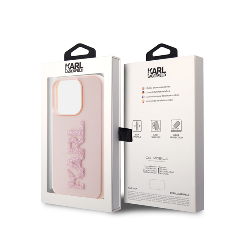 Karl Lagerfeld 3D Rubber Glitter Logo – dėklas, skirtas iPhone 15 Pro Max (rožinis)