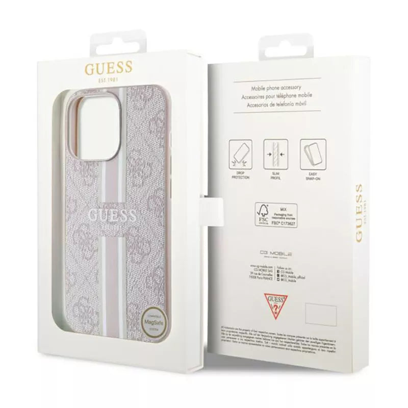 Guess 4G Printed Stripes MagSafe dėklas, skirtas iPhone 13 Pro Max (Rožinis)