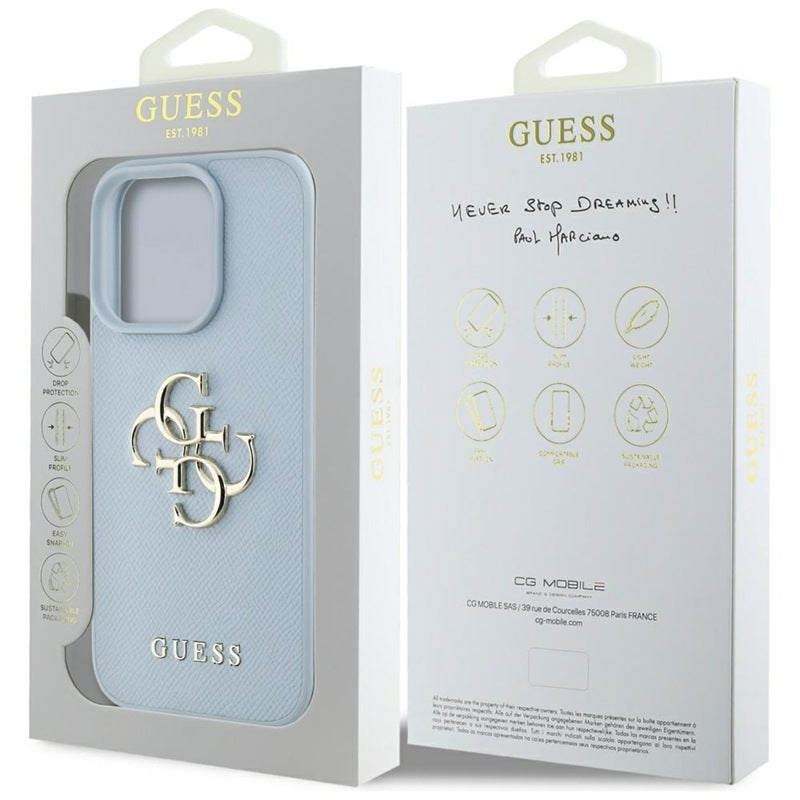 Guess Grained Big 4G Logo Small Classic Logo – dėklas, skirtas iPhone 16 Pro (mėlynas)