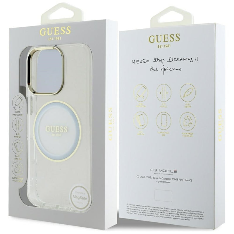 Guess IML Metal Colored Circle Classic Logo MagSafe - dėklas, skirtas iPhone 16 Pro Max (baltas)