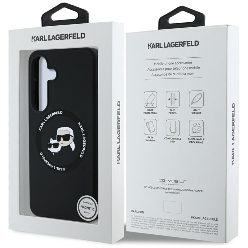 Karl Lagerfeld Silikoninis dvigubos galvutės ir apskritimo „MagSafe“ – dėklas, skirtas „Samsung Galaxy S25“ (juodas)