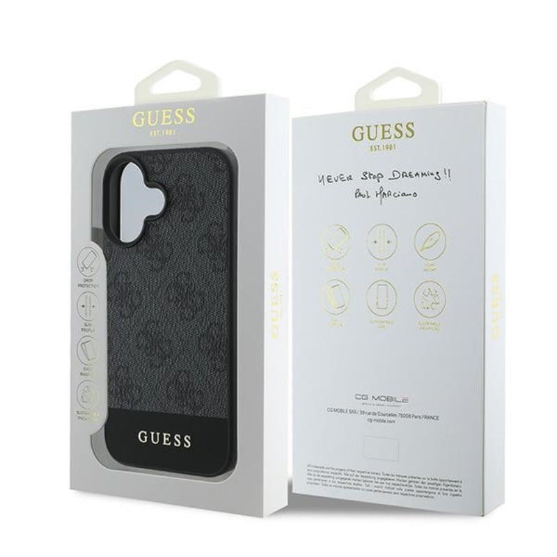 Guess 4G Bottom Stripe – dėklas, skirtas iPhone 16 (pilkas)
