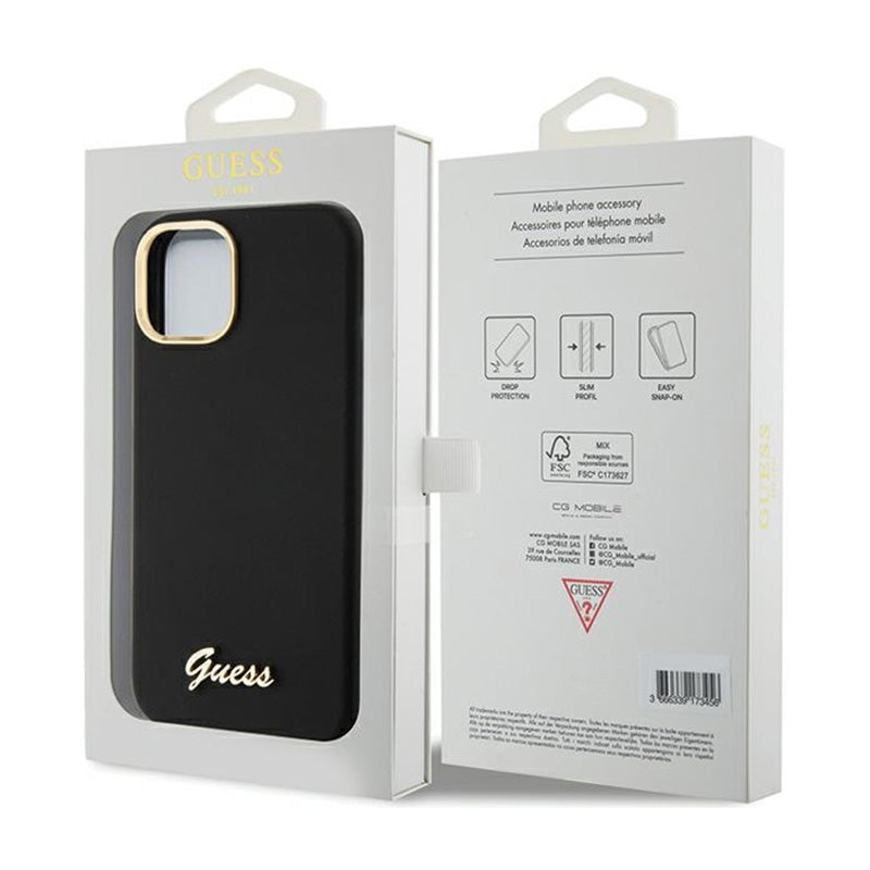 Guess Silikono Scrip with metal Guess logotipu ir rėmeliu - iPhone 15 dėklas (juodas)