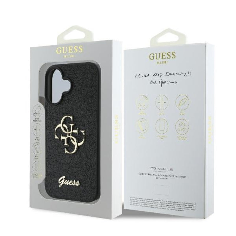 Guess Fixed Glitter Big 4G – dėklas skirtas iPhone 16 Plus (juoda)