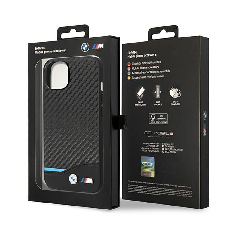 BMW od anglies pluošto mėlynos linijos odinis dėklas, skirtas iPhone 14 (juodas)