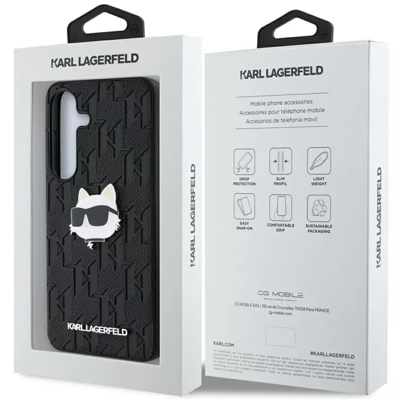 Karl Lagerfeld odos monograminis segtukas su Choupette galva – dėklas, skirtas Samsung Galaxy S25+ (juodas)
