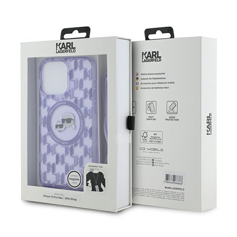 Karl Lagerfeld IML Crossbody Monogram Karl & Choupette Head MagSafe – dėklas, skirtas iPhone 15 Pro Max (violetinės spalvos)