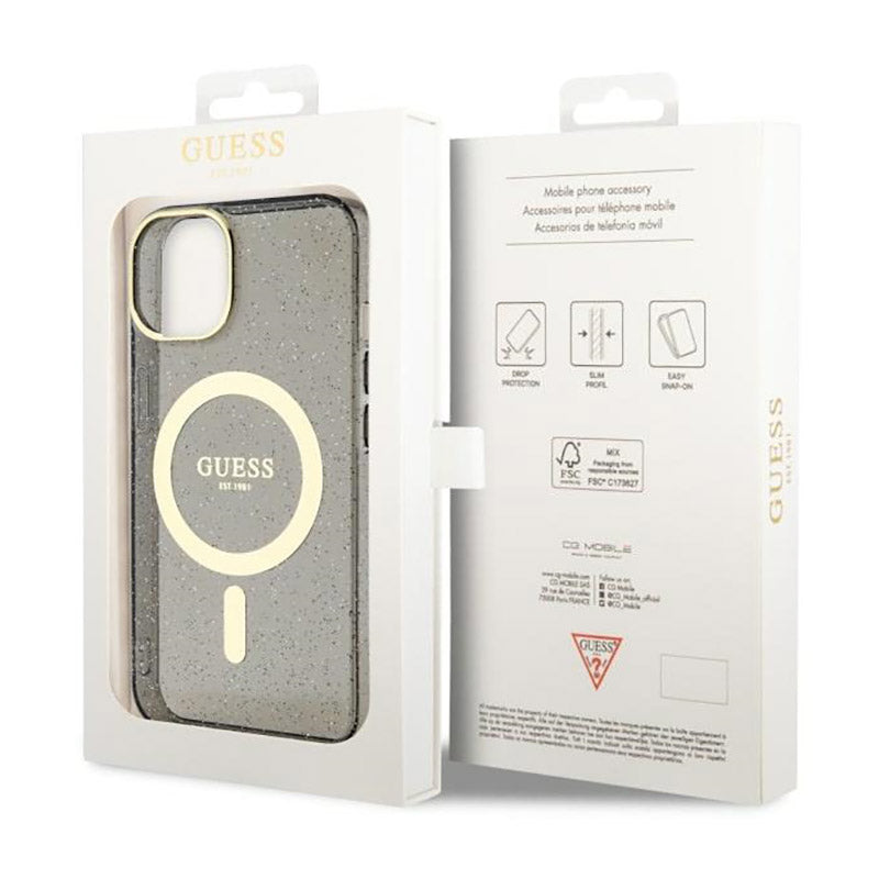 Guess Glitter Gold MagSafe – dėklas iPhone 14 (juodas)