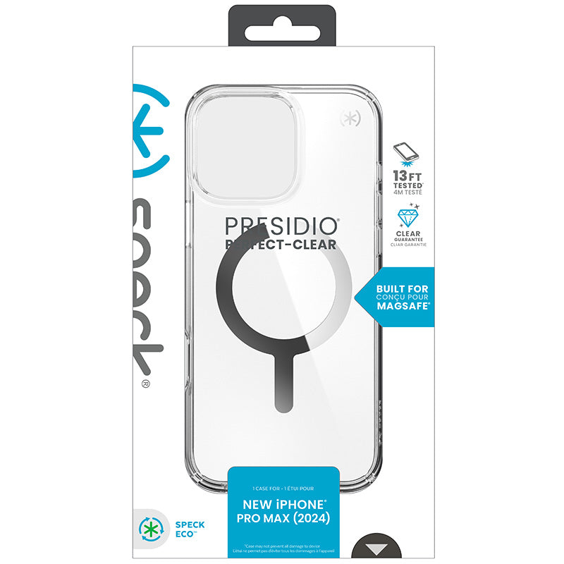 Speck Presidio Perfect-Clear MagSafe dėklas – iPhone 16 Pro Max (Skaidrus / chromo apdaila / Serene Silver)