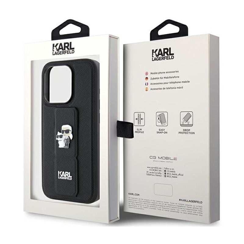 Karl Lagerfeld Gripstand Saffiano Karl & Choupette Pins - iPhone 15 Pro dėklas (juodas)