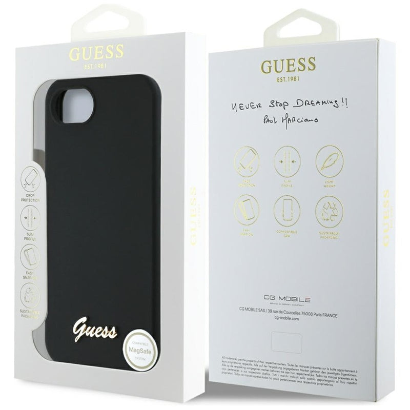 Guess Silicone Script Metal Logo MagSafe – dėklas, skirtas „iPhone 16e“ (juoda)