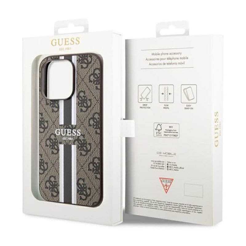 Guess 4G Printed Stripes MagSafe - dėklas, skirtas iPhone 14 Pro Max (rudas)