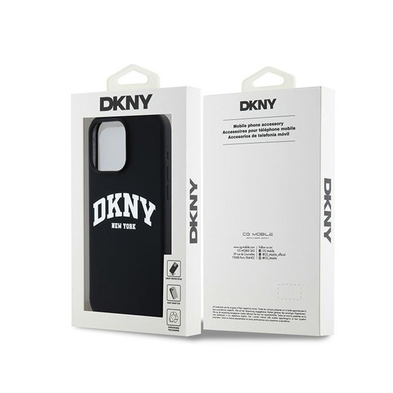 DKNY Skysto silikono dėklas su baltu atspausdintu logotipu ir MagSafe, skirtas iPhone 15 Pro Max (juodas)