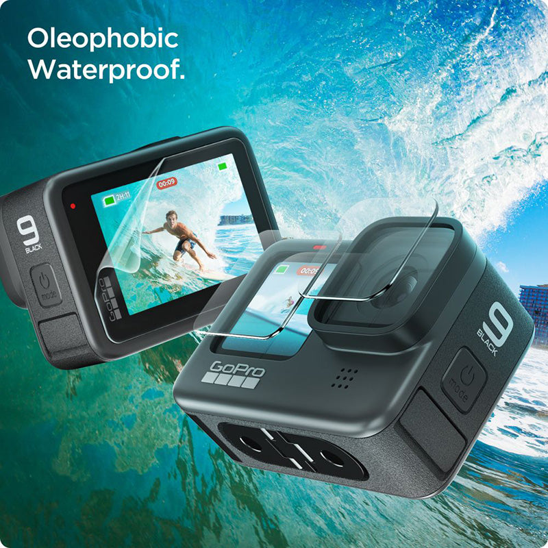 Spigen Glas.TR Slim + plėvelė, 2 vnt. – stiklo ir plėvelės rinkinys, skirtas GoPro Hero 12 / 11 / 10 / 9 (2 komplektai)