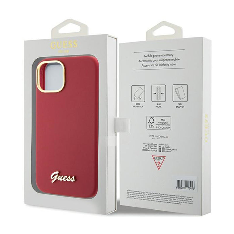 Guess Silicone Script Metal Logo & Frame - iPhone 15 dėklas (purpurinis)