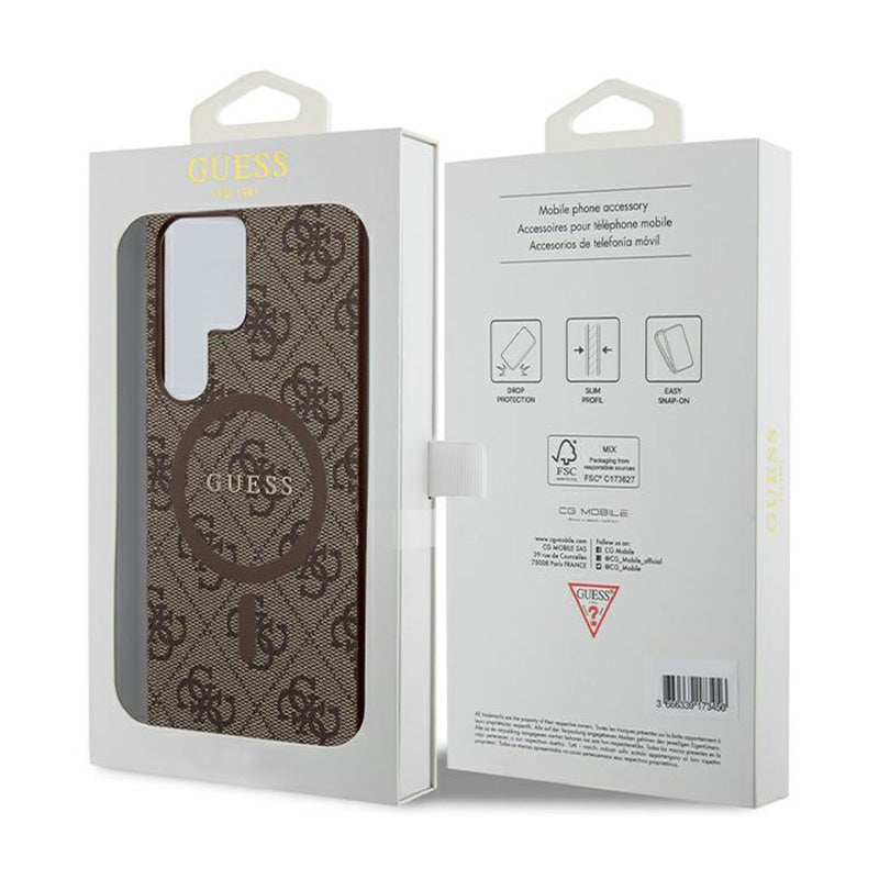 Guess 4G Collection Oda Metalo Logotipas MagSafe - Dėklas Samsung Galaxy S24 Ultra (Rudos spalvos)