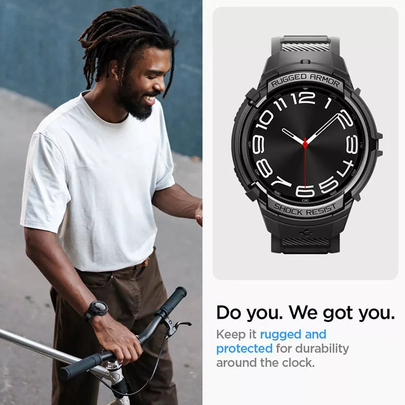 Spigen Rugged Armor Pro - dirželis + dėklas, skirtas „Samsung Galaxy Watch 6 Classic 47 mm“ (juoda)