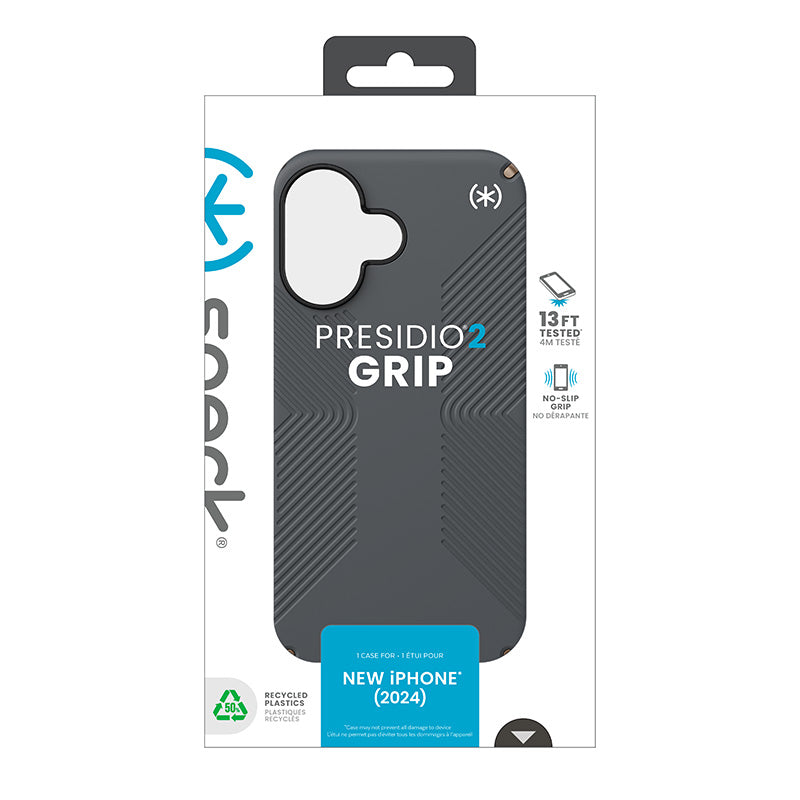 Speck Presidio2 Grip dėklas – iPhone 16 (Anglies pilkumo / Vėsios bronzos / Baltos)
