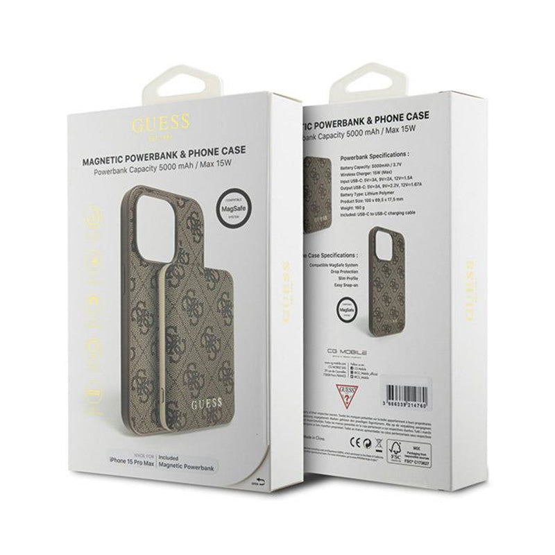 Guess Bundle Pack MagSafe 4G Metal Gold Logo - dėklų rinkinys + Power Bank 5000mAh MagSafe iPhone 15 Pro Max (rudas)