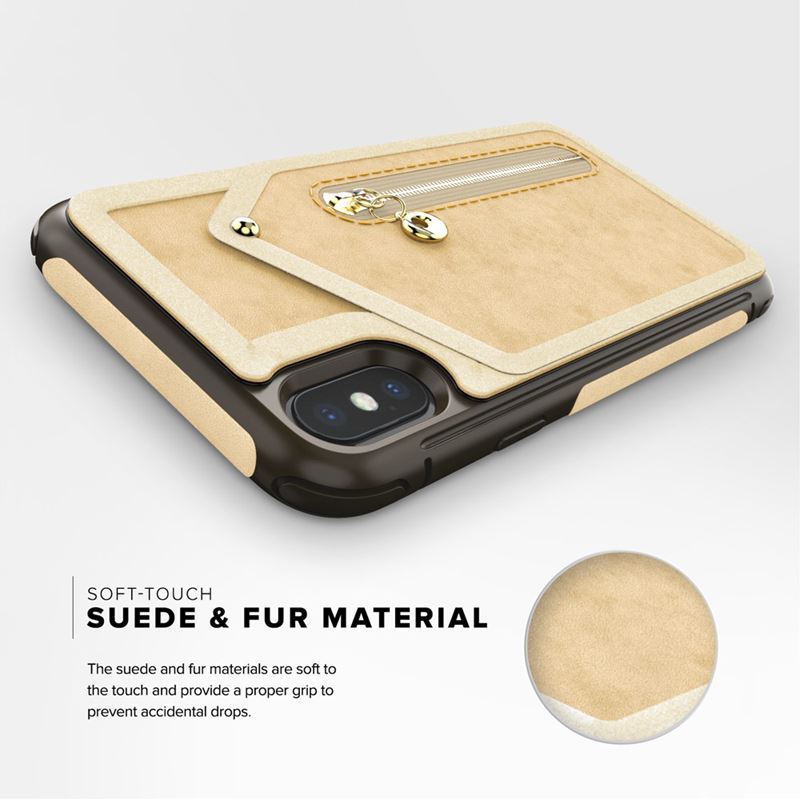 Zizo Nebula piniginės dėklas - piniginės nugarėlė ir užtrauktuko krepšelis su grūdinto stiklo ekrano apsauga iPhone X (rusvos/rudas)