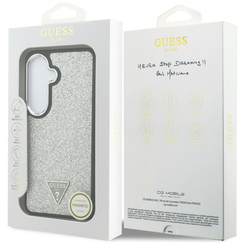Guess Fixed Glitter Triangle MagSafe dėklas (Sidabrinis) skirtas Samsung Galaxy S26