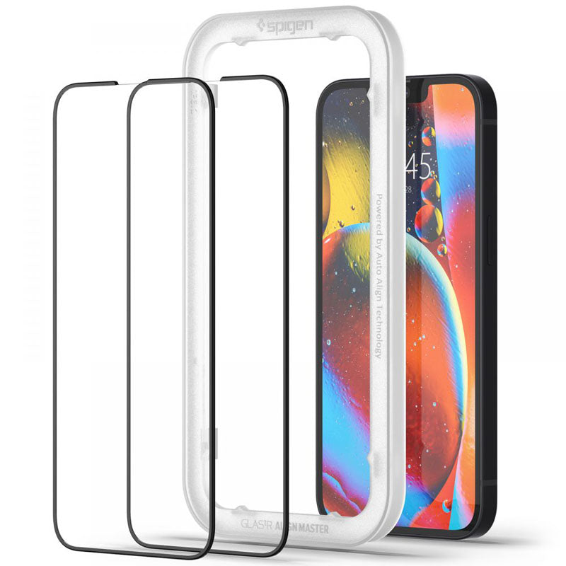 Spigen Alm Glass FC rinkinys iš 2 vnt. – Grūdintas stiklas, skirtas iPhone 17e / 16e / 14 / 13 / 13 Pro, 2 vnt. (juodi rėmeliai)