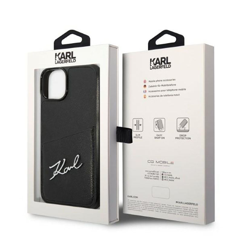Karl Lagerfeld Dėklas su parašo logotipu ir kortelių lizdu, skirtas iPhone 14 Plus (Juodas)