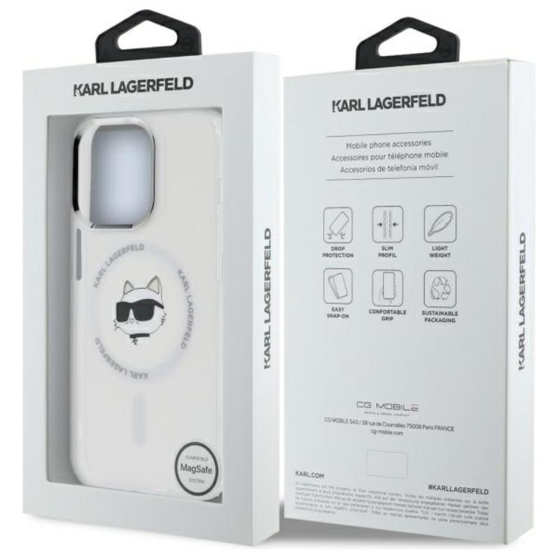 Karl Lagerfeld IML Metal Choupette Head MagSafe – dėklas, skirtas iPhone 13 Pro (balta spalva)