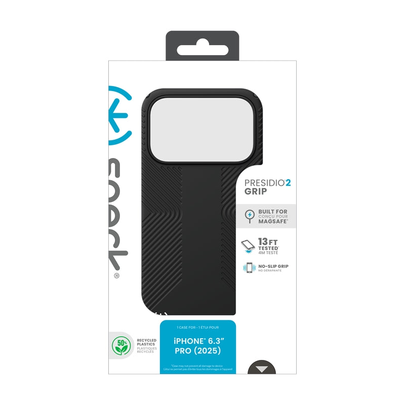 Speck Presidio2 Grip MagSafe – dėklas iPhone 17 Pro (juodos / skalūno pilkos / baltos spalvos)