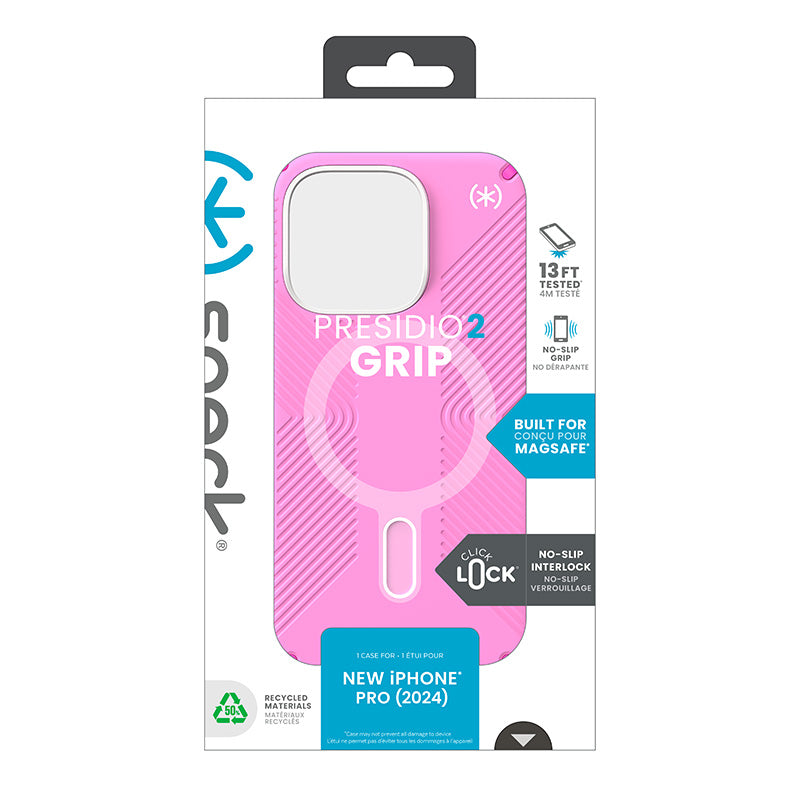 Speck Presidio2 Grip ClickLock & MagSafe – iPhone 16 Pro dėklas (True Pink / Shocking Pink / White)