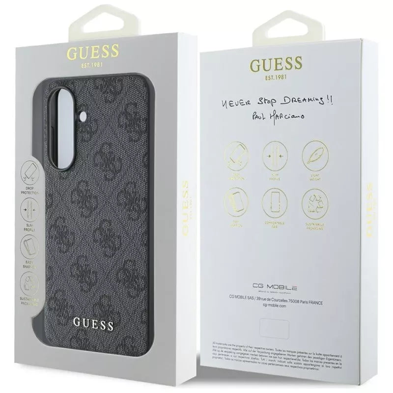 Guess 4G dėklas su metaliniu auksiniu logotipu, skirtas Samsung Galaxy A36 5G (juodas)