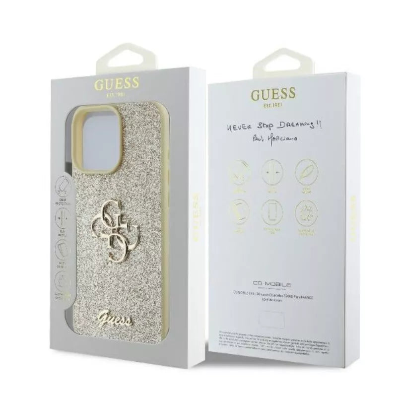 Guess Fixed Glitter Big 4G – dėklas, skirtas iPhone 16 Pro (auksinis)