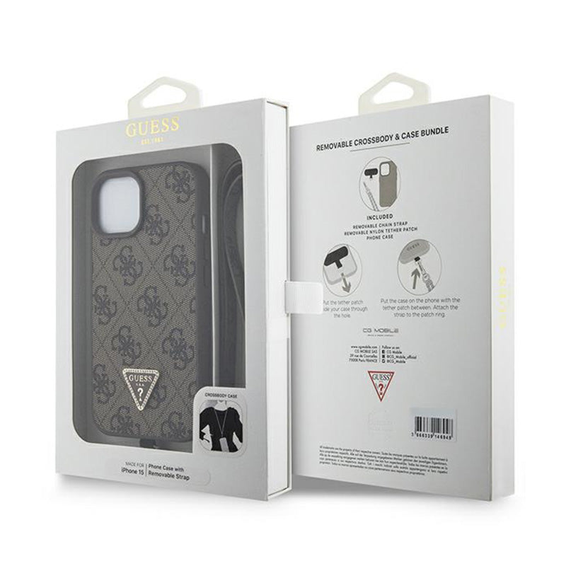 Guess Crossbody 4G metalinis logotipas – iPhone 15 dėklas (rudas)