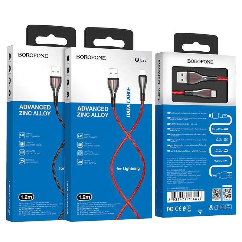 Borofone Highway – 1.2 m USB to Lightning jungties kabelis (juodas / raudonas)