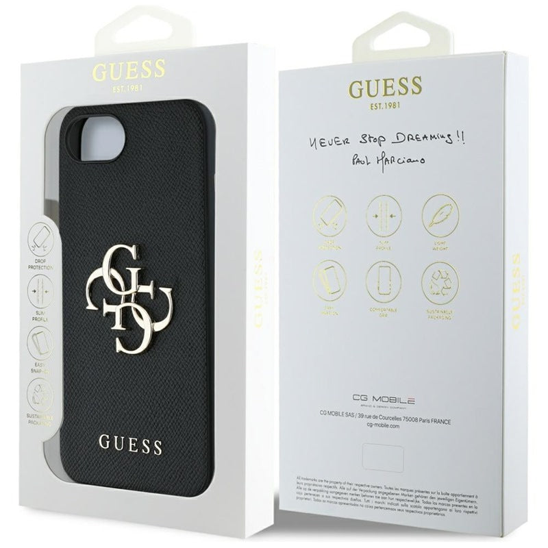 Guess Grained Big 4G Logo Small Classic Logo - dėklas iPhone 16e (juodas)
