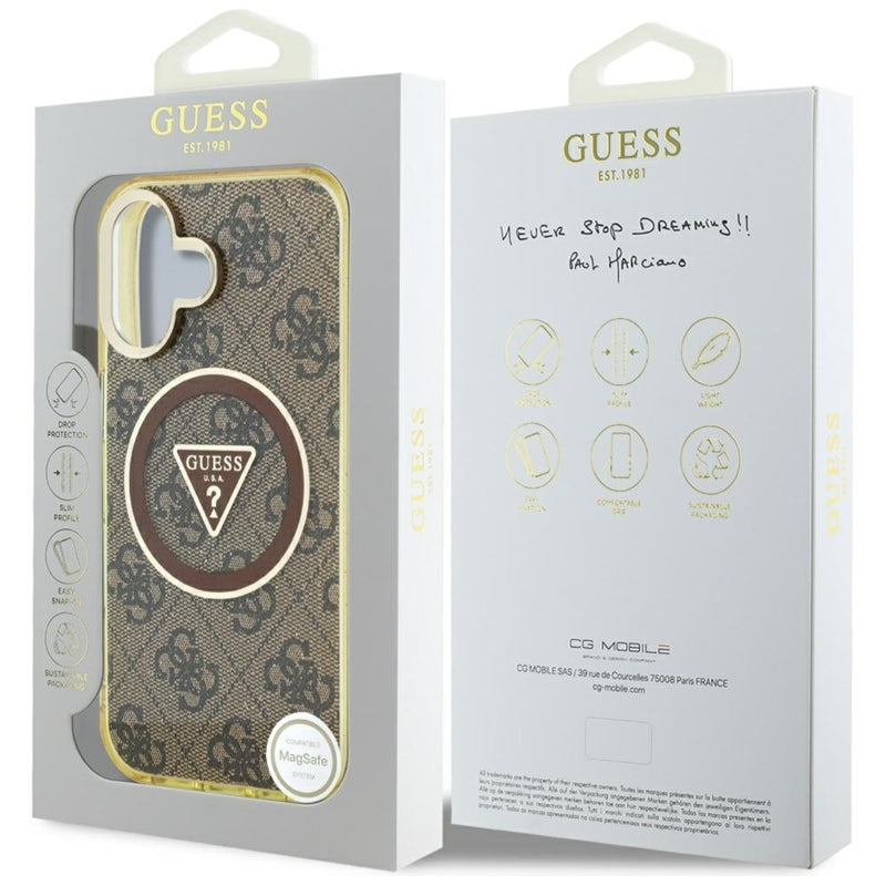 Guess IML Metal Glitter 4G Circle Triangle MagSafe – dėklas, skirtas „iPhone 16“ (rudos spalvos)