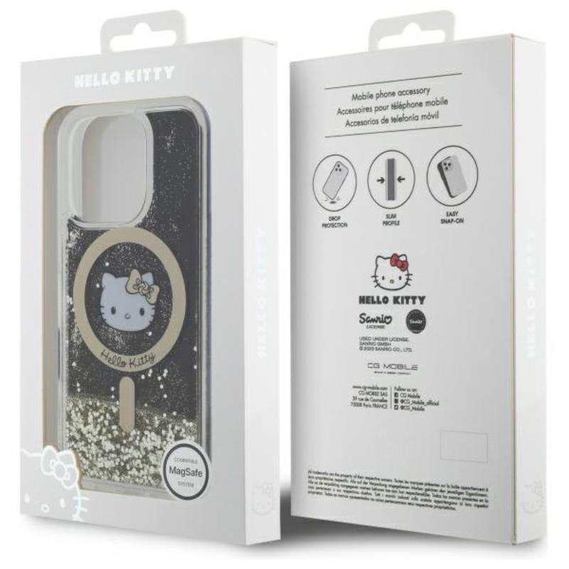 Hello Kitty skystantis blizgučių karštligė MagSafe – dėklas, skirtas iPhone 16 Pro (juoda/auksinė)