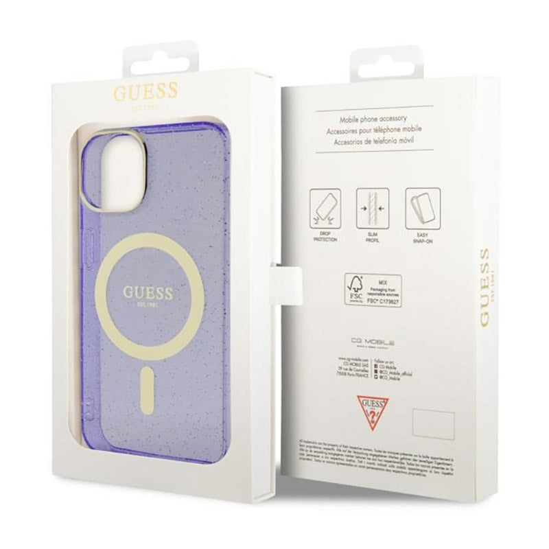 Guess Glitter Gold MagSafe – dėklas iPhone 14 (violetinė) skaidrus