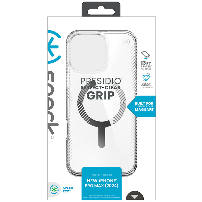 Speck Presidio Perfect-Clear Grip MagSafe – Dėklas iPhone 16 Pro Max (Skaidrus / Chromo apdaila / Serene Silver)