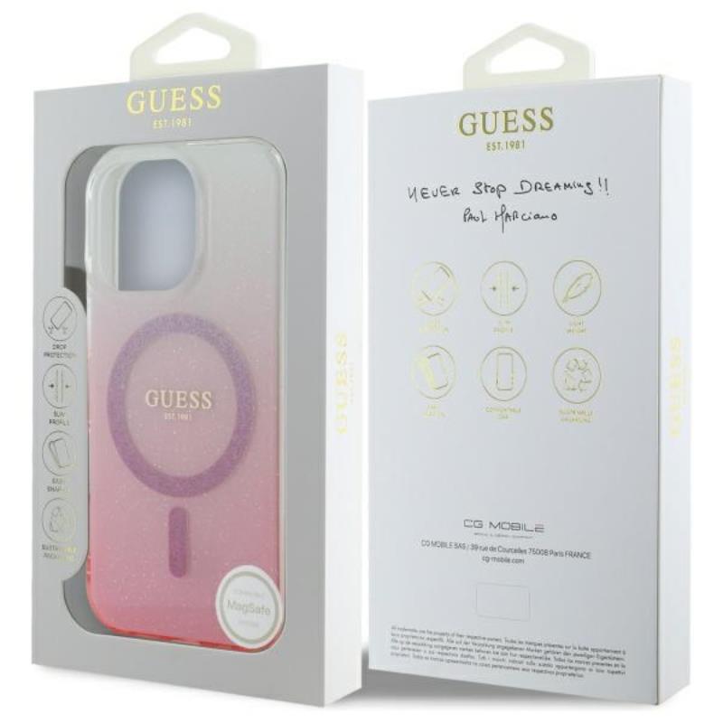 Guess IML Glitter Gradient MagSafe – dėklas, skirtas iPhone 16 Pro Max (rožinis)