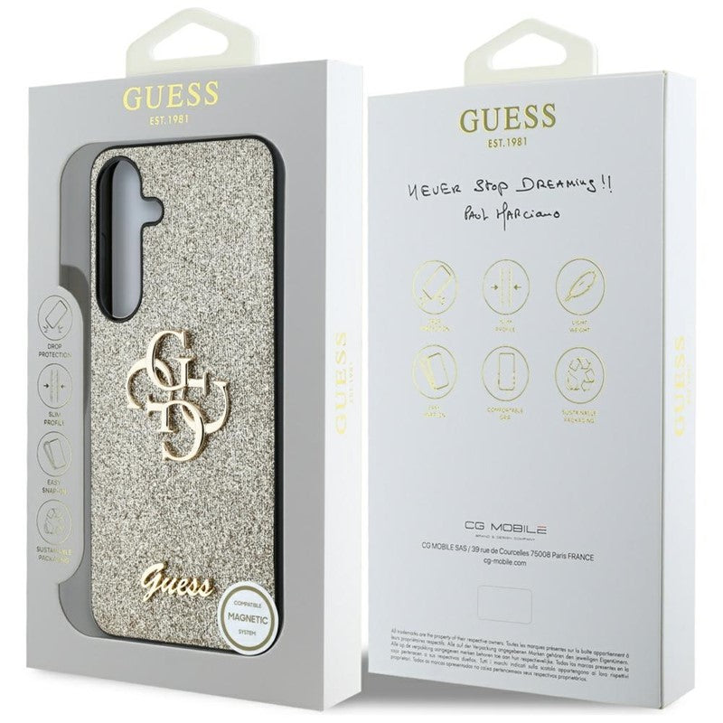 Guess Fixed Glitter Big 4G Metal Logo - dėklas Samsung Galaxy S25+ (auksinis)