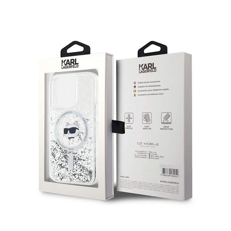 Karl Lagerfeld Liquid Glitter Choupette Head MagSafe – iPhone 15 Pro dėklas (skaidrus)