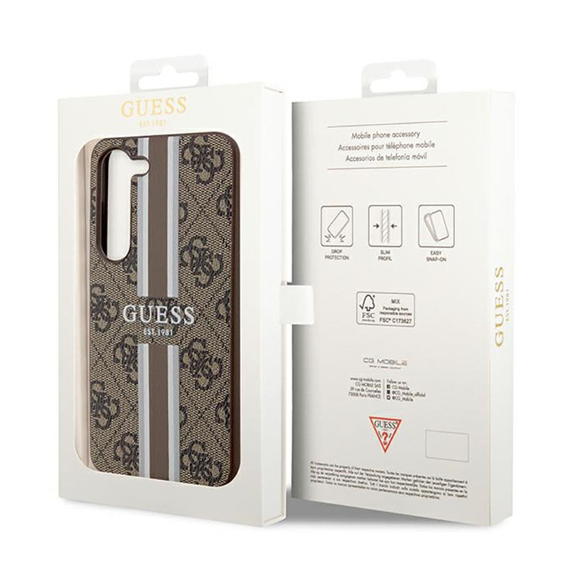 Guess 4G Printed Stripe – dėklas, skirtas Samsung Galaxy S23 (rudas)