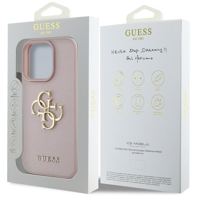 Guess Grained Big 4G Logo Small Classic Logo – dėklas, skirtas iPhone 16 Pro (rožinis)