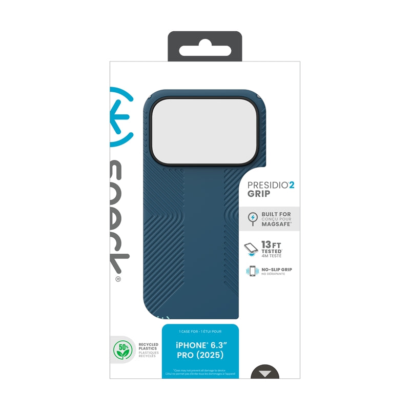 Speck Presidio2 Grip MagSafe – Dėklas iPhone 17 Pro (Tamsiai mėlynos / Sidabro metalo)