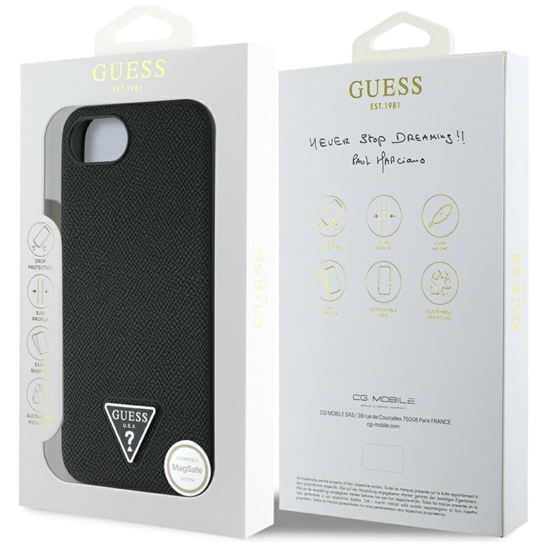 Guess Grained Triangle MagSafe - dėklas, skirtas iPhone 16e (juoda)