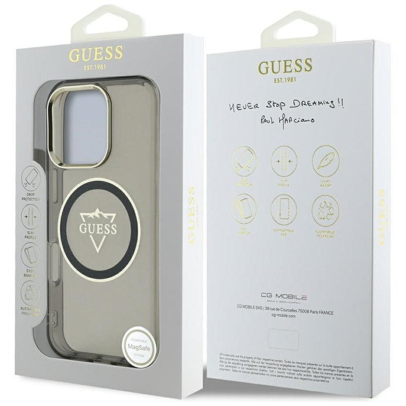 Guess IML metalinis kalnų logotipo dėklas su MagSafe, skirtas „iPhone 16 Pro Max“ (juodas)