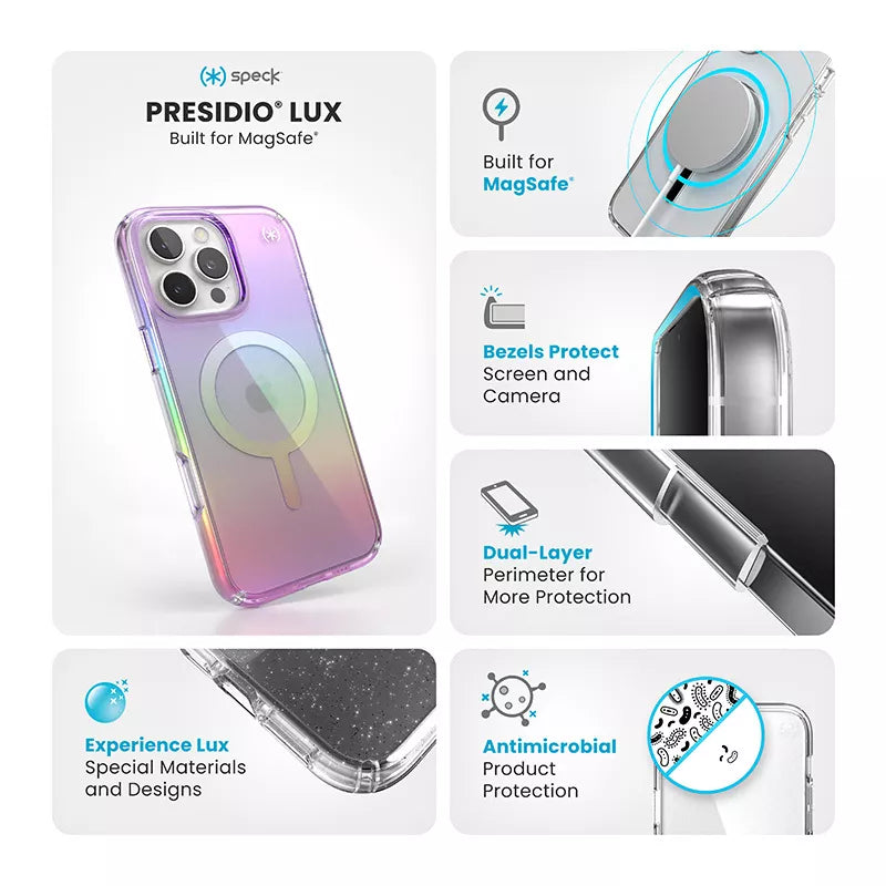 Speck Presidio2 Lux MagSafe - Dėklas, skirtas iPhone 16 Pro Max (Nuostabiai violetinė / Skaidri)