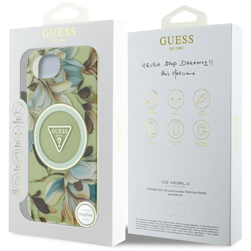 Guess IML Metal Glitter Flowers Triangle MagSafe – Dėklas iPhone 16e (žalias)