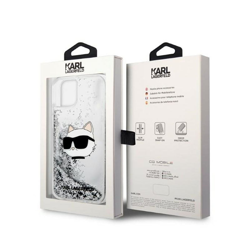 Dėklas Karl Lagerfeld su NFT Choupette galva ir skystais blizgučiais, skirtas iPhone 14 Plus (sidabrinis)